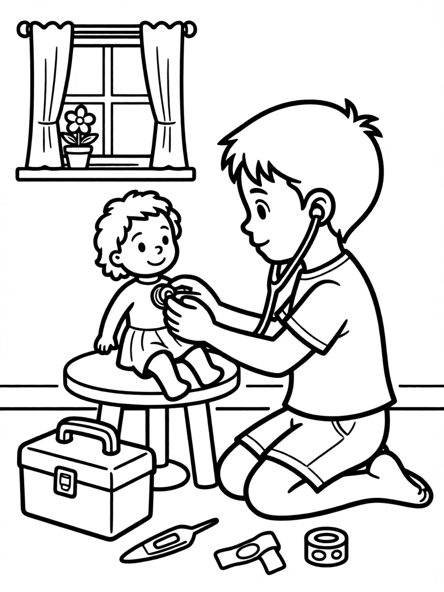 A child giving a doll a check-up.