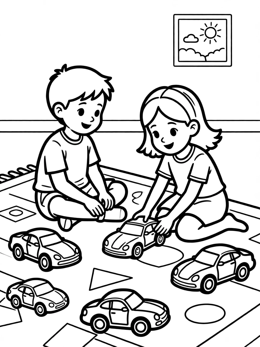 Children playing with toy cars on a rug.