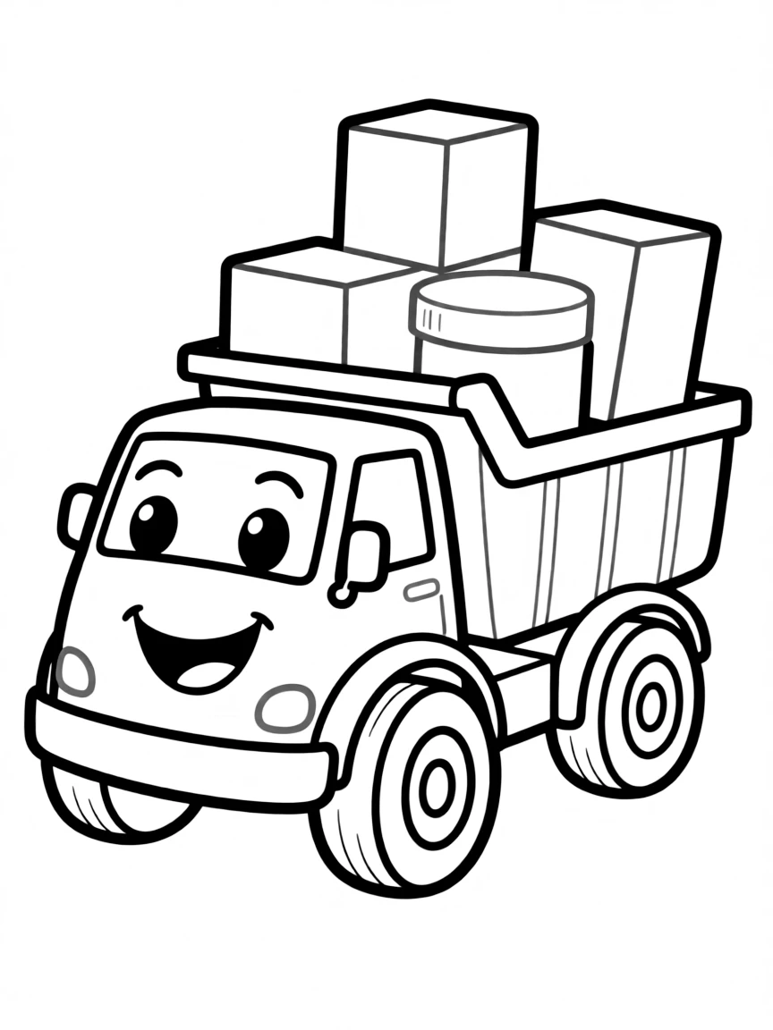 A happy toy truck carrying blocks.