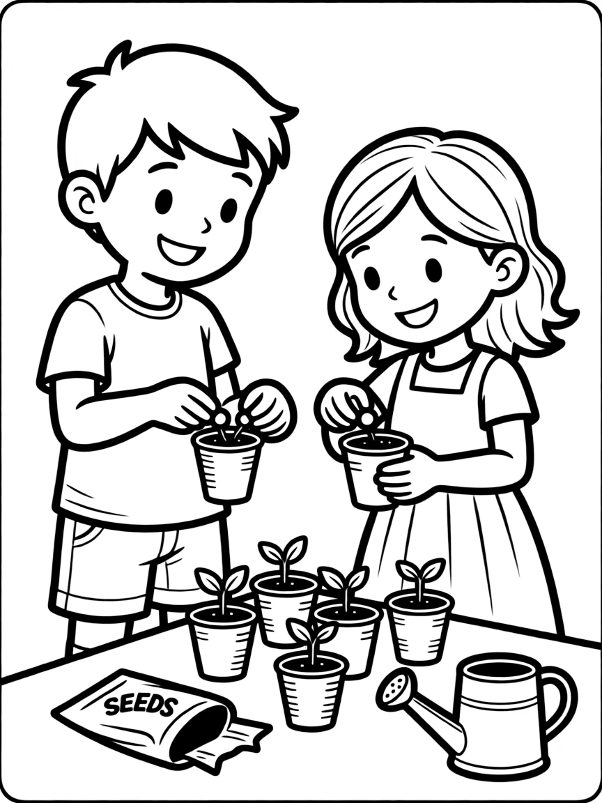 Children planting seeds in cups.