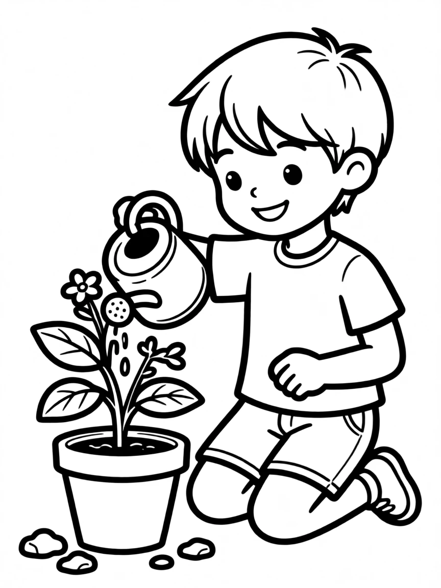 A child watering a small plant.