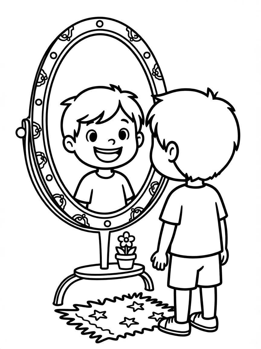 A happy mirror with a child looking into it.