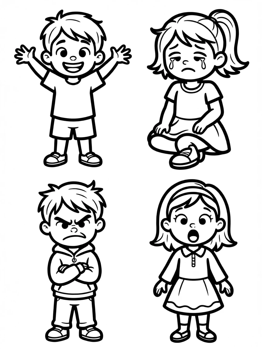 Children expressing different emotions: happy, sad, angry, surprised.