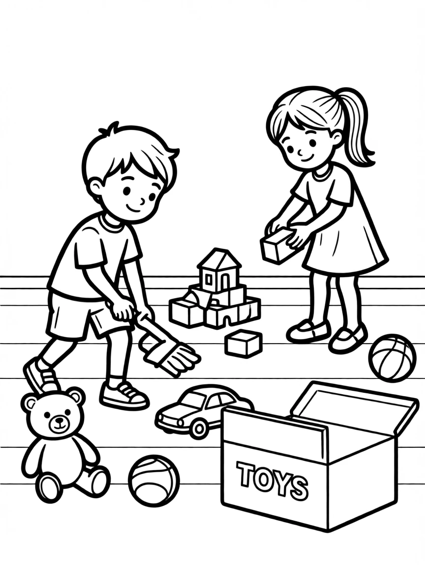 Children cleaning up toys.