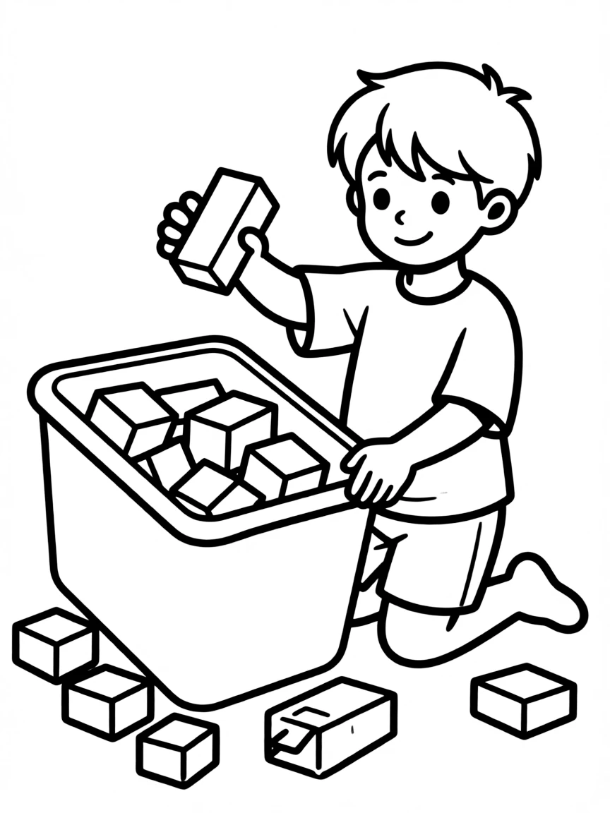 A child putting blocks in a bin.