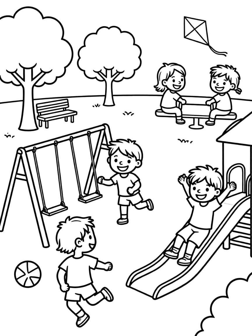 A playground with children running and laughing.