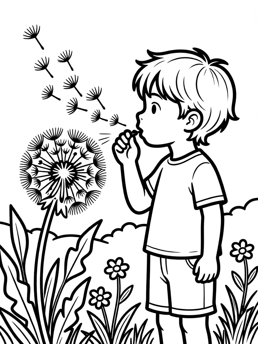 A child blowing dandelion seeds.