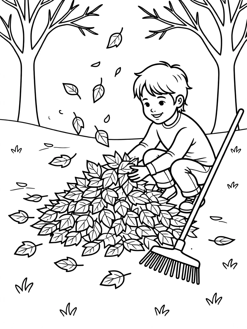 A child making a pile of leaves.