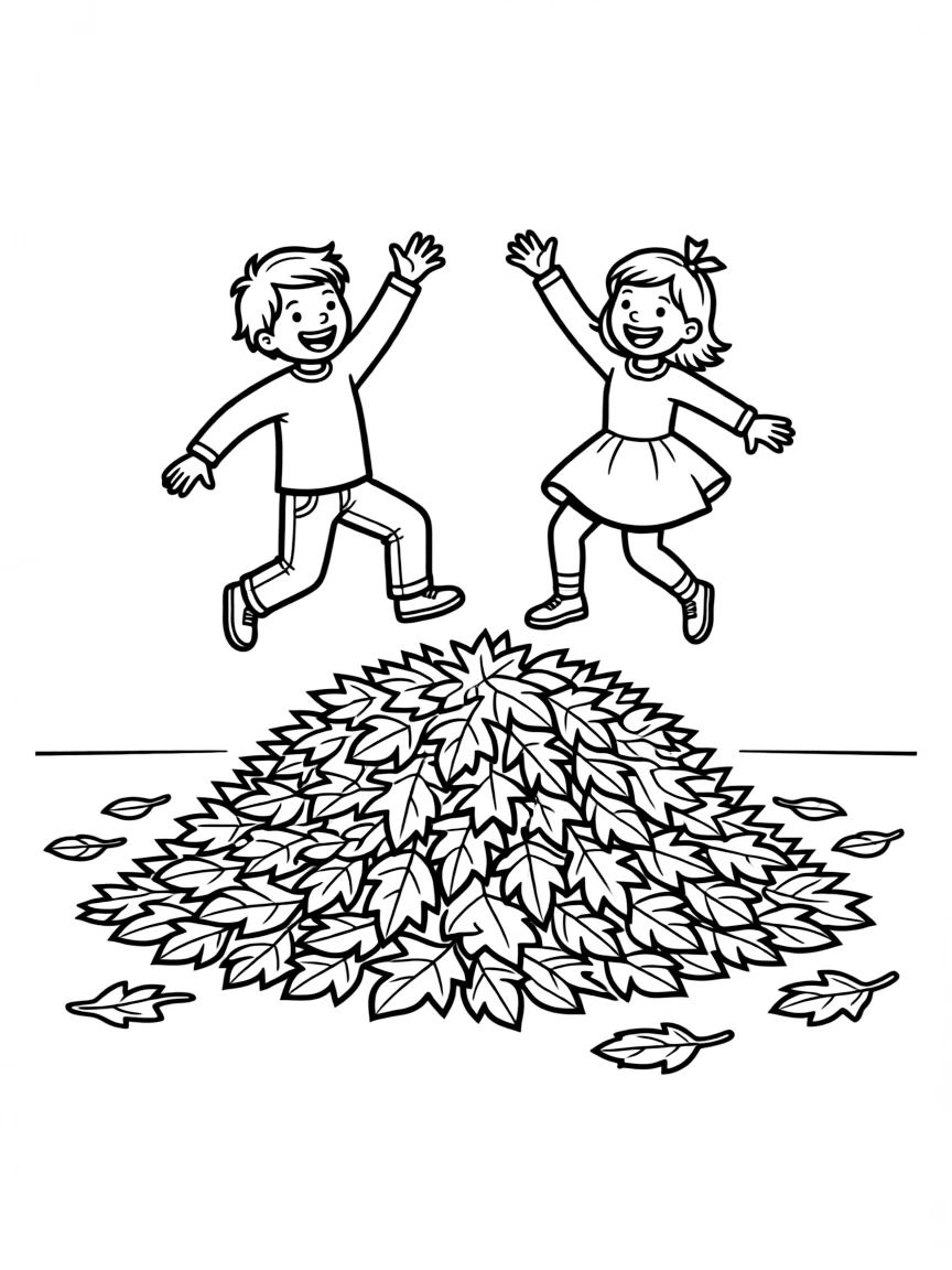 Children jumping in a leaf pile.