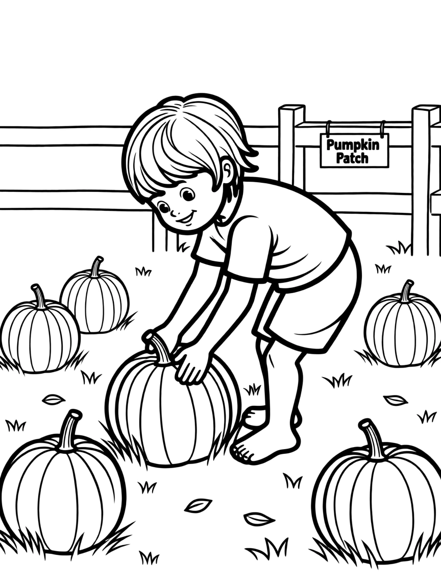 A child picking a pumpkin.