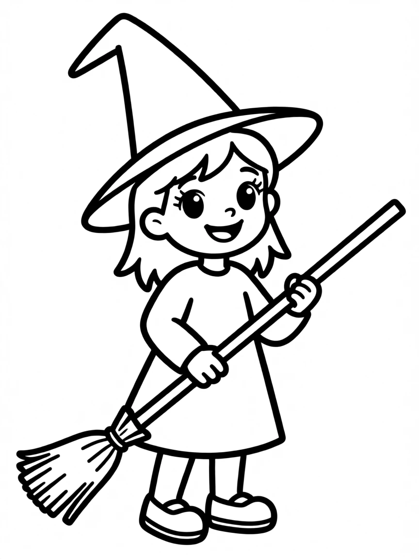 A little witch with a pointy hat and a broom.