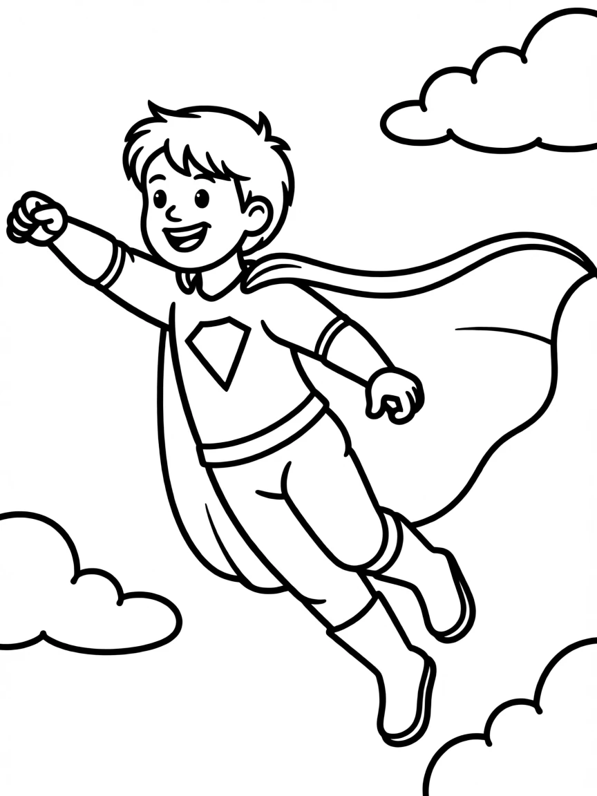 A child dressed as a superhero flying.