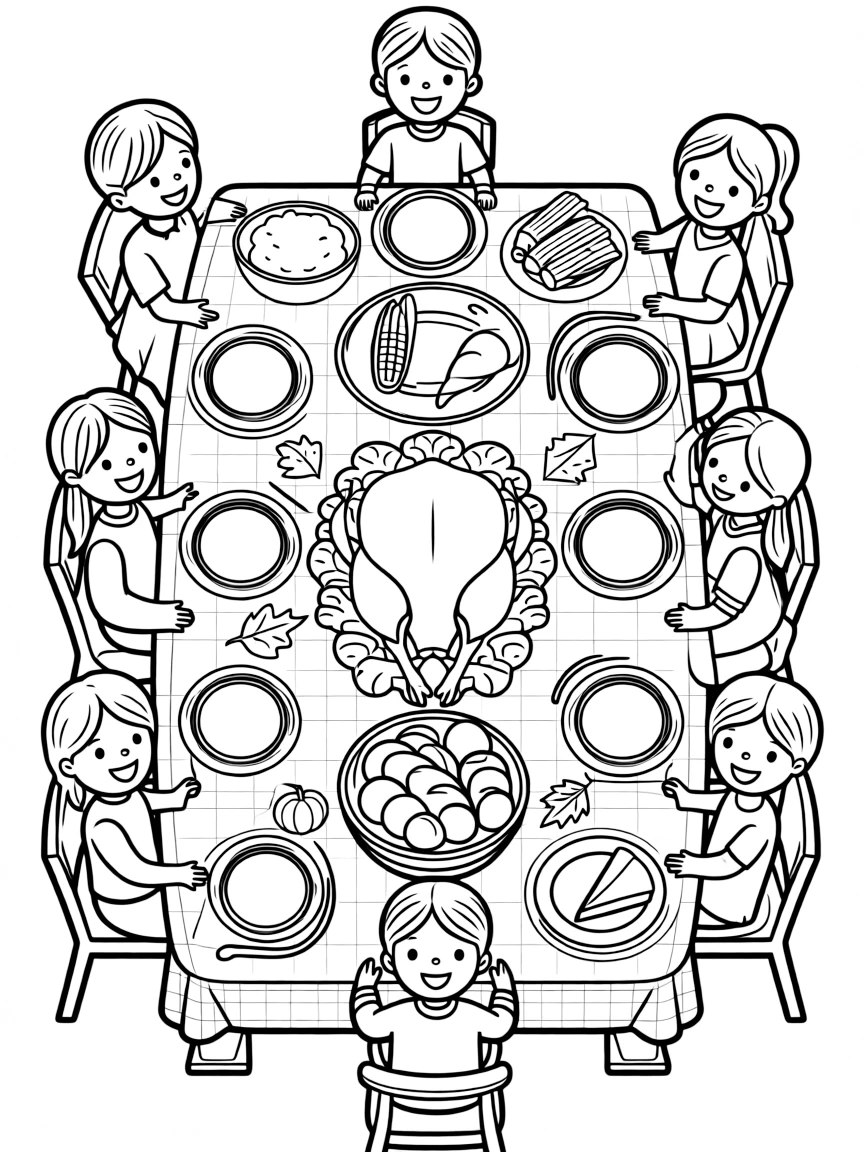 Children sitting around a Thanksgiving table.