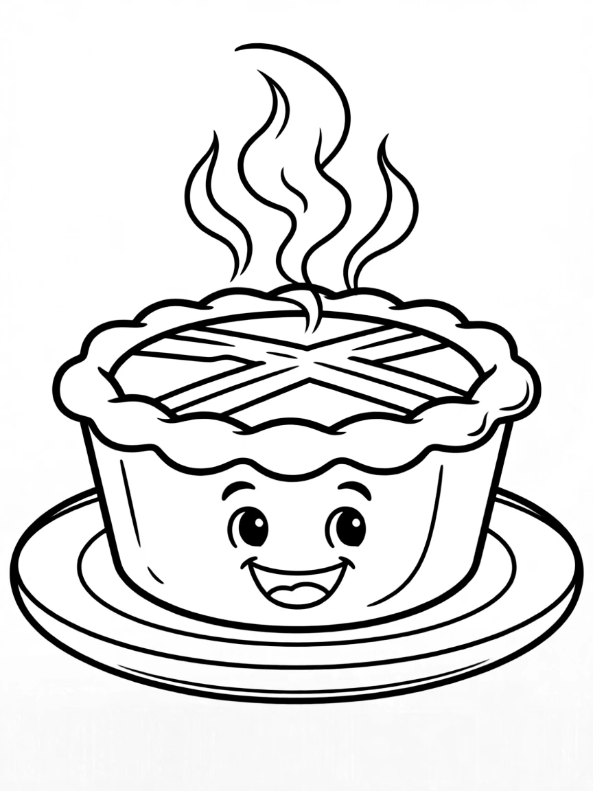 A happy pie with steam coming out.