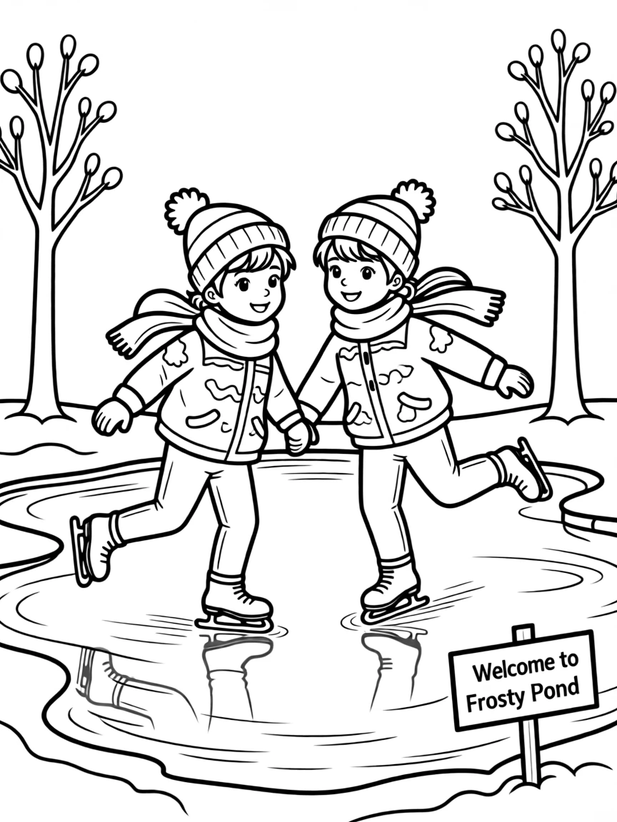 Children ice skating on a pond.