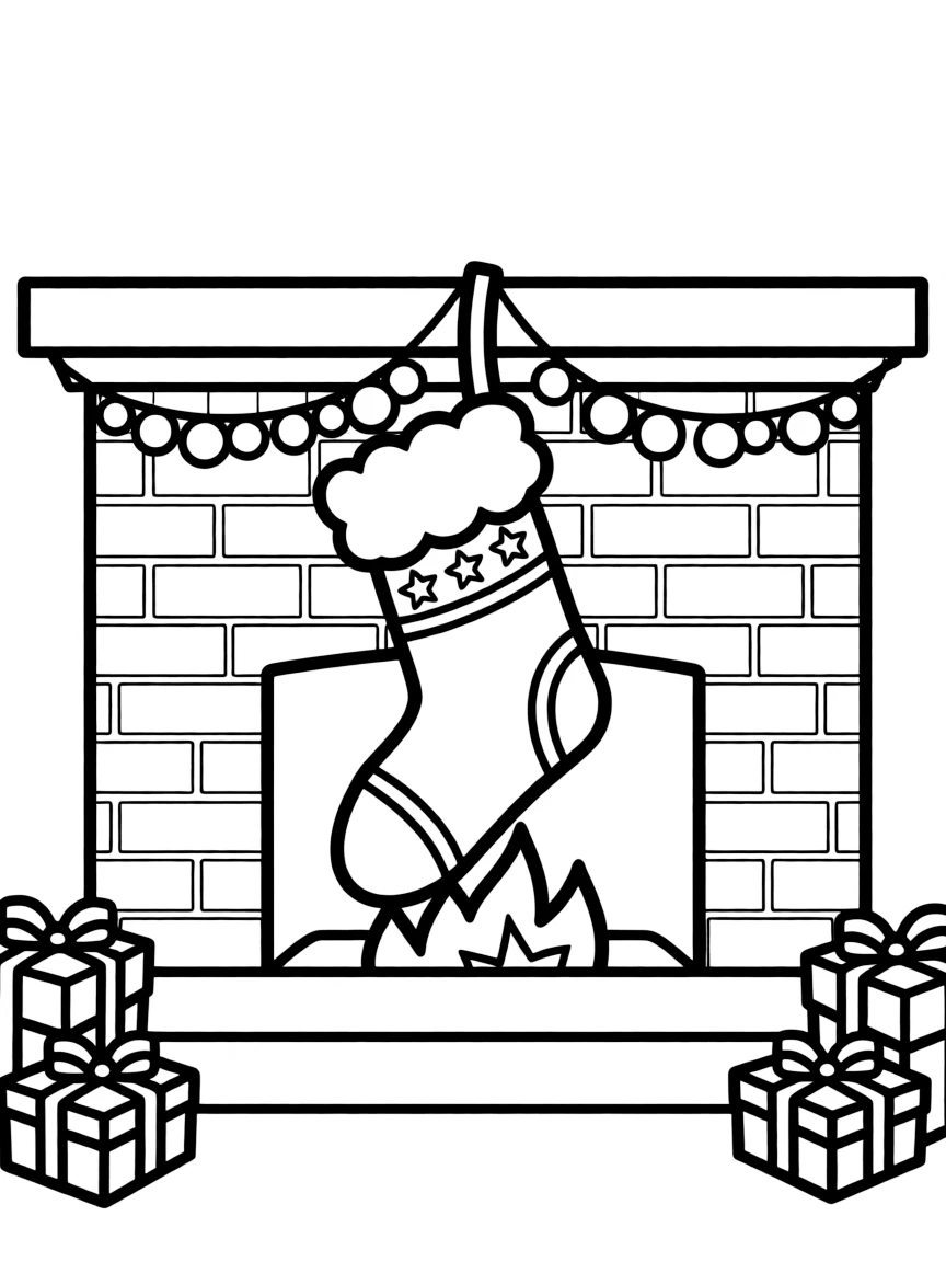 A happy Christmas stocking hung by a fireplace.