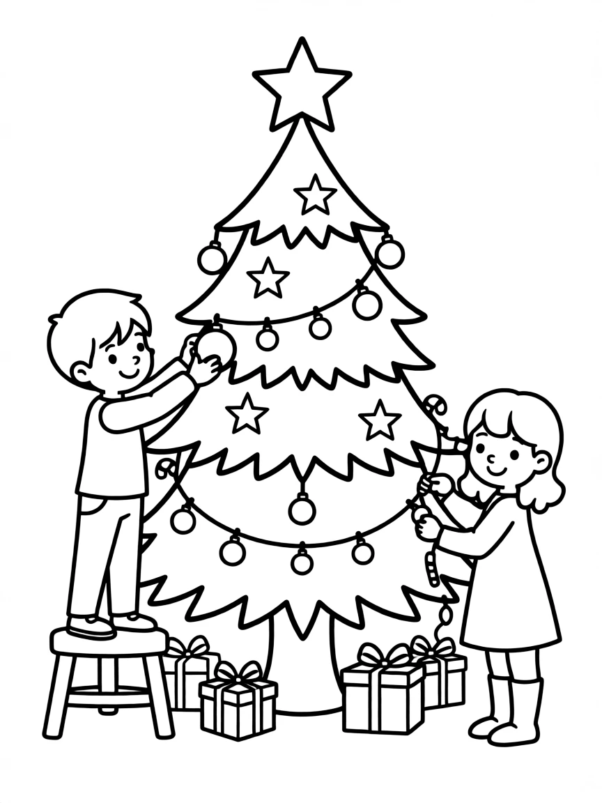 Children decorating a Christmas tree.