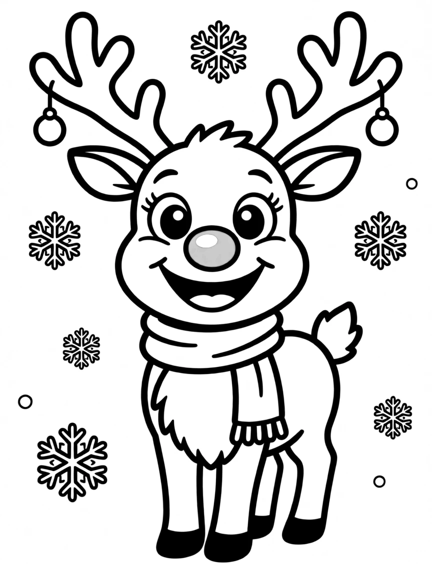 A happy reindeer with a red nose.