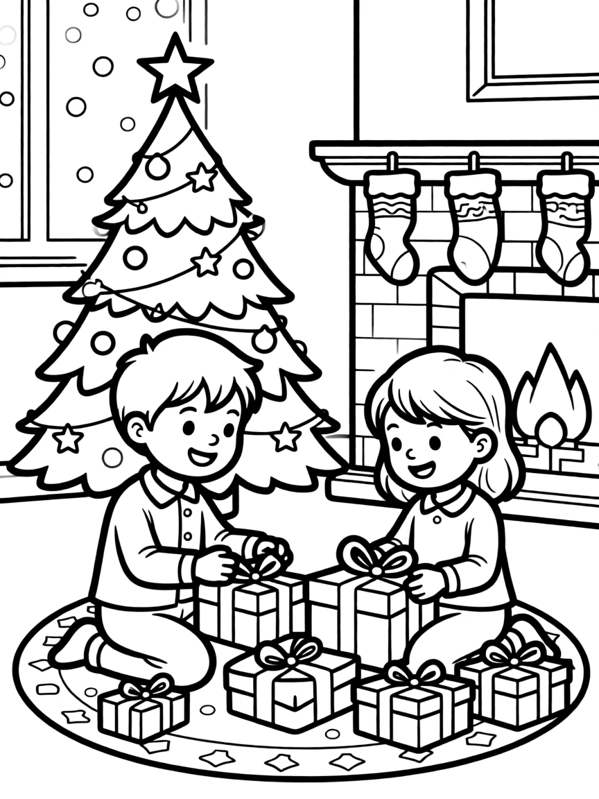 Children opening presents on Christmas morning.