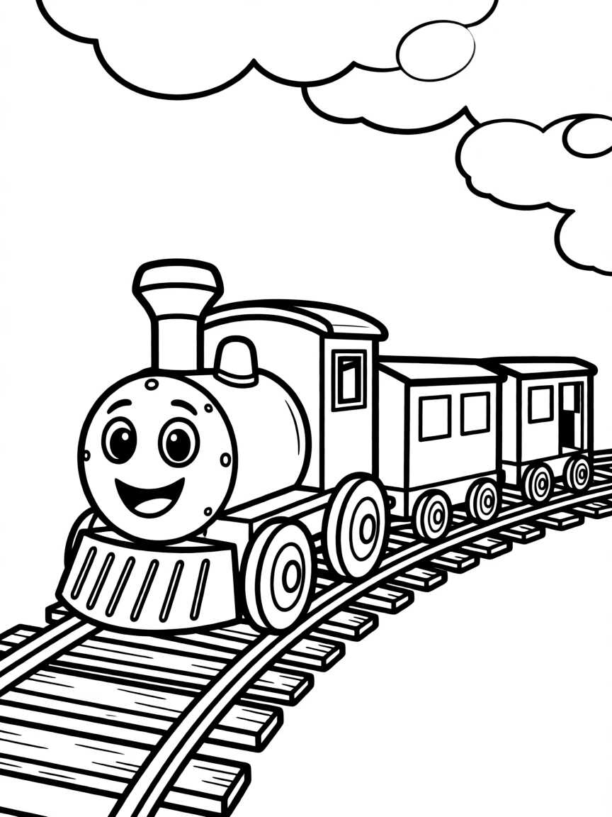 A happy toy train on a track.