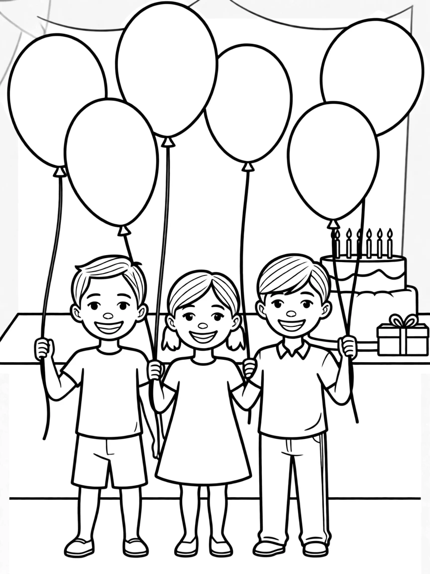 Children celebrating a birthday with balloons.