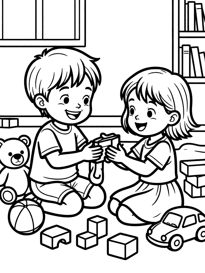 A child sharing their toys.