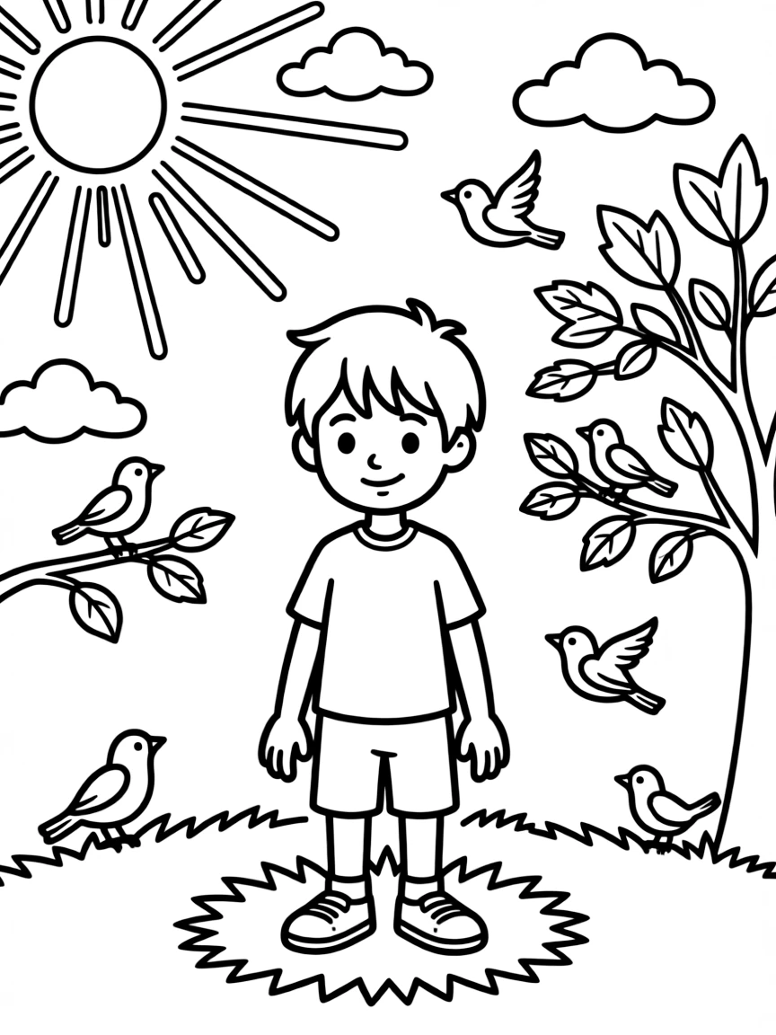 A sunny morning with birds chirping.