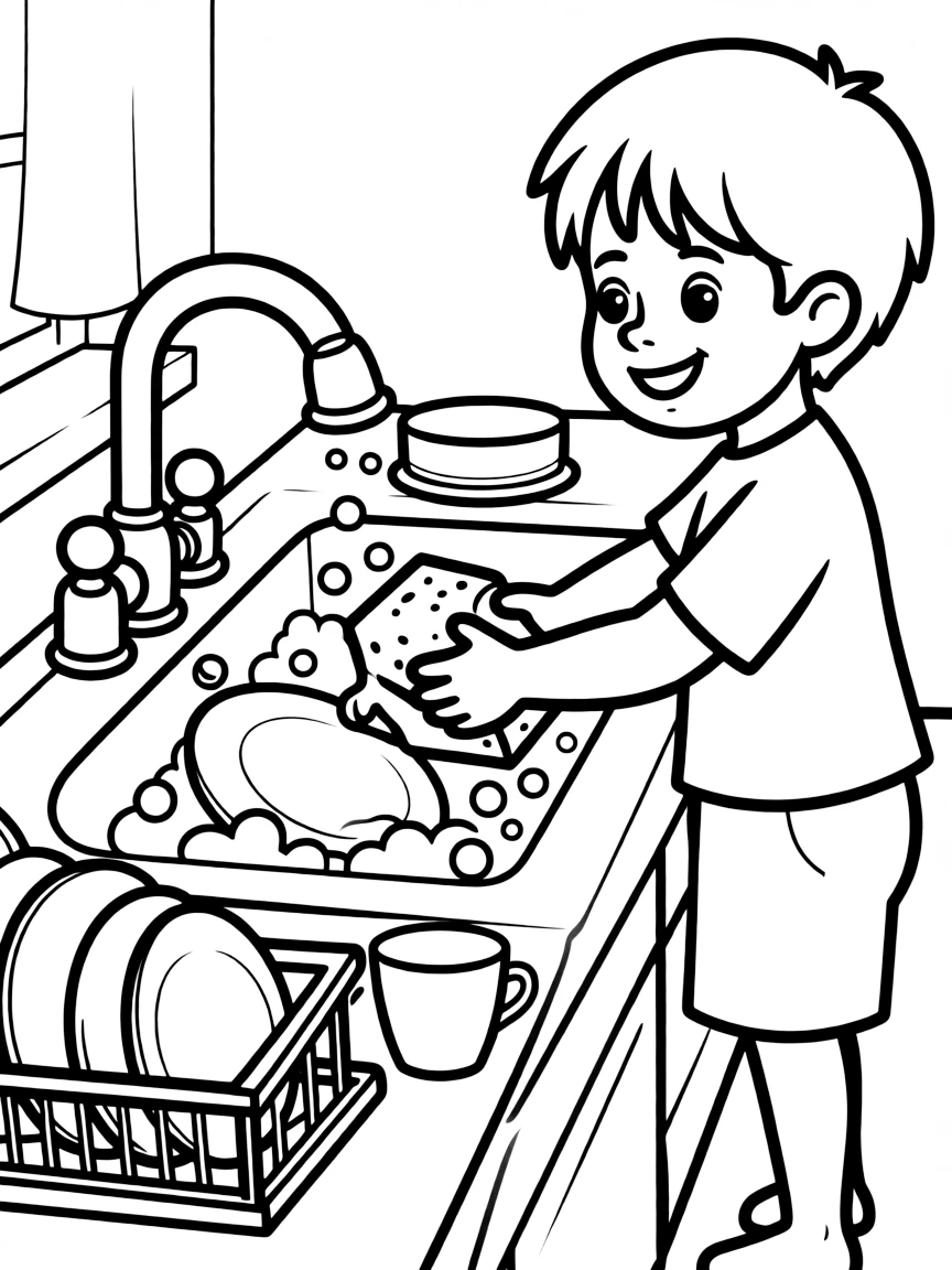 A child washing dishes (pretend play).
