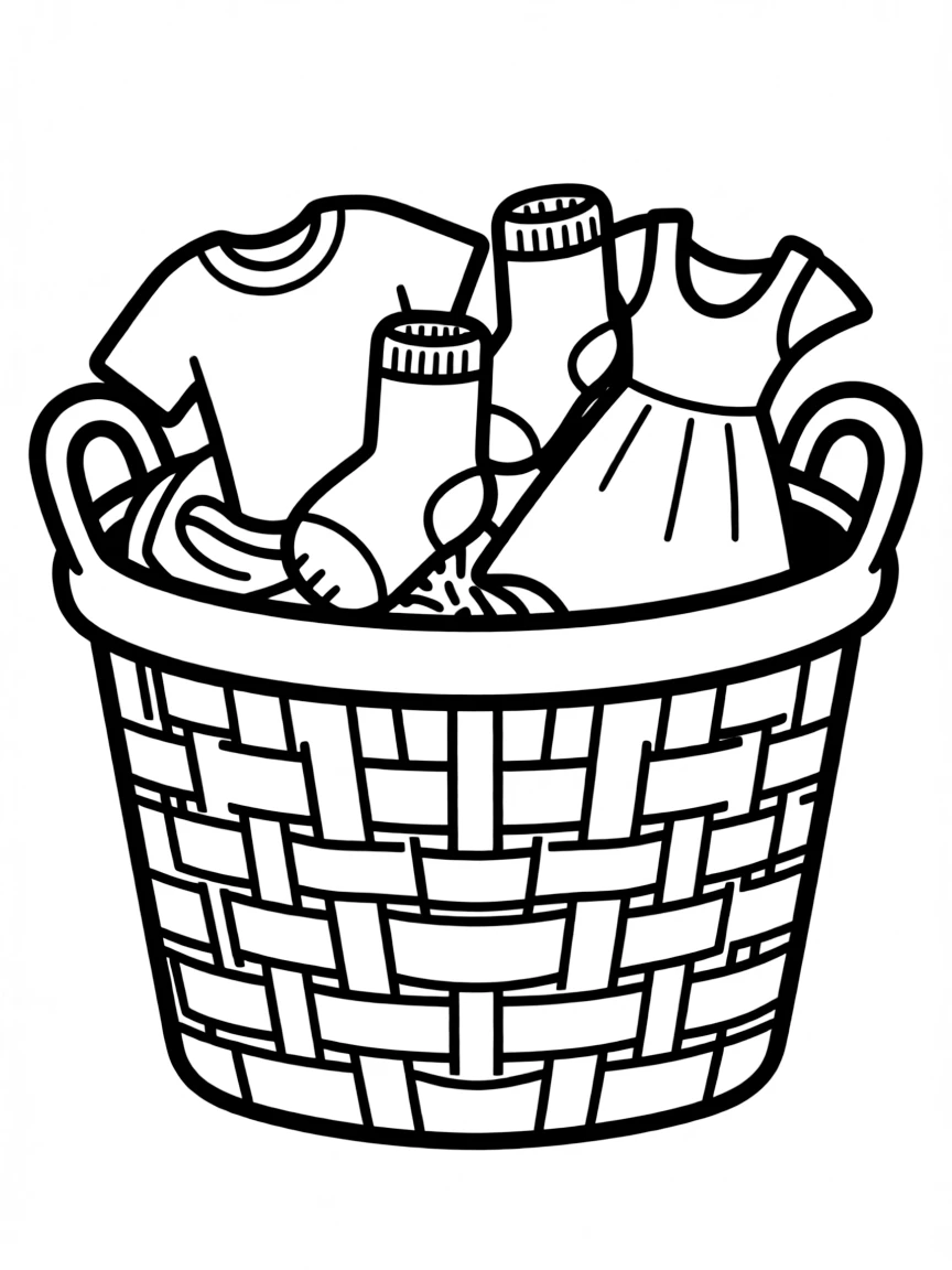 A laundry basket filled with clothes.