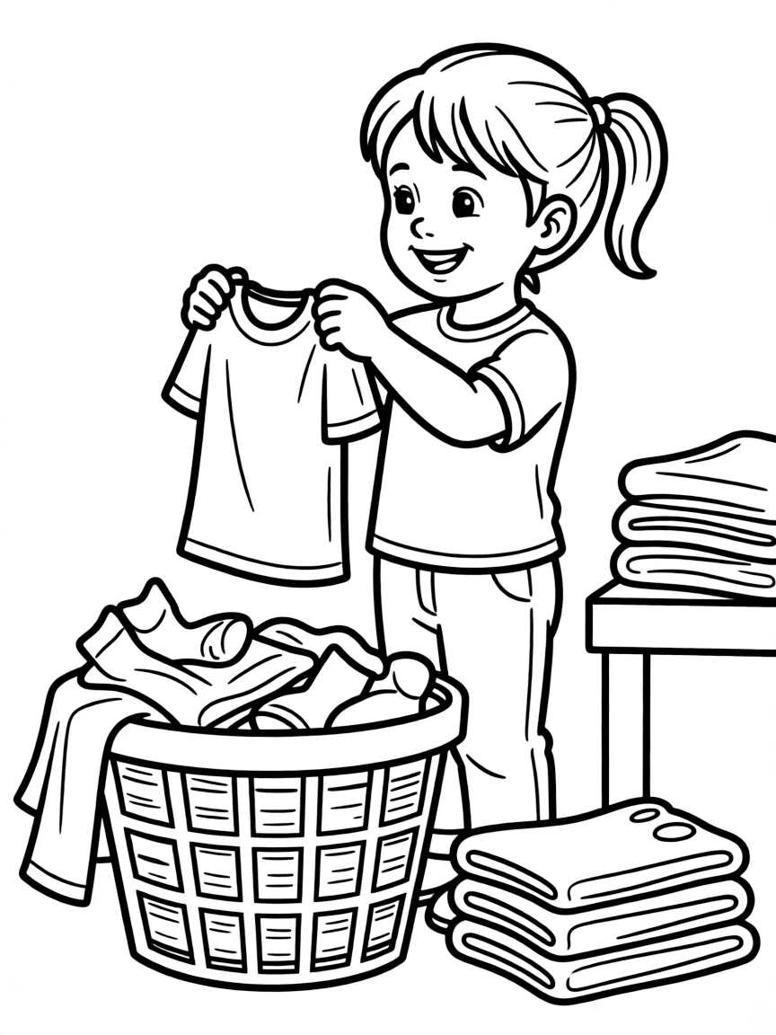 A child helping to fold laundry.
