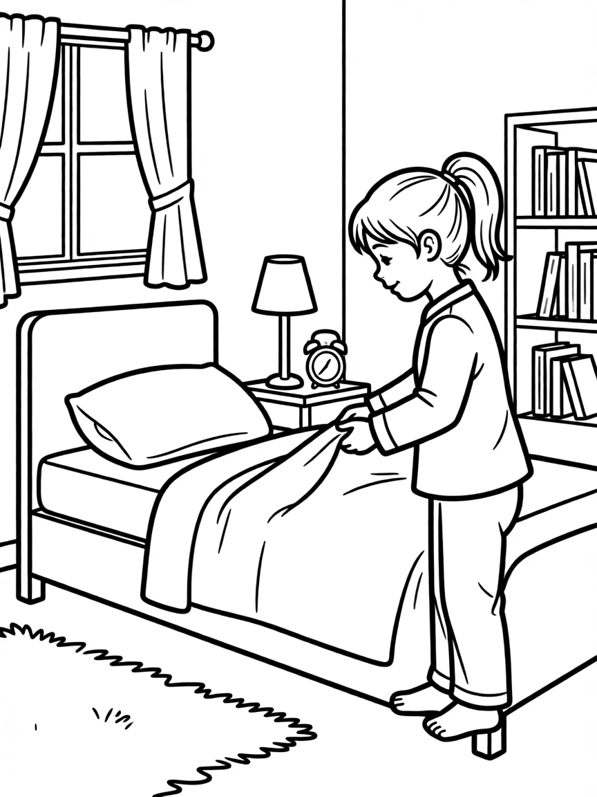 A child making their bed.