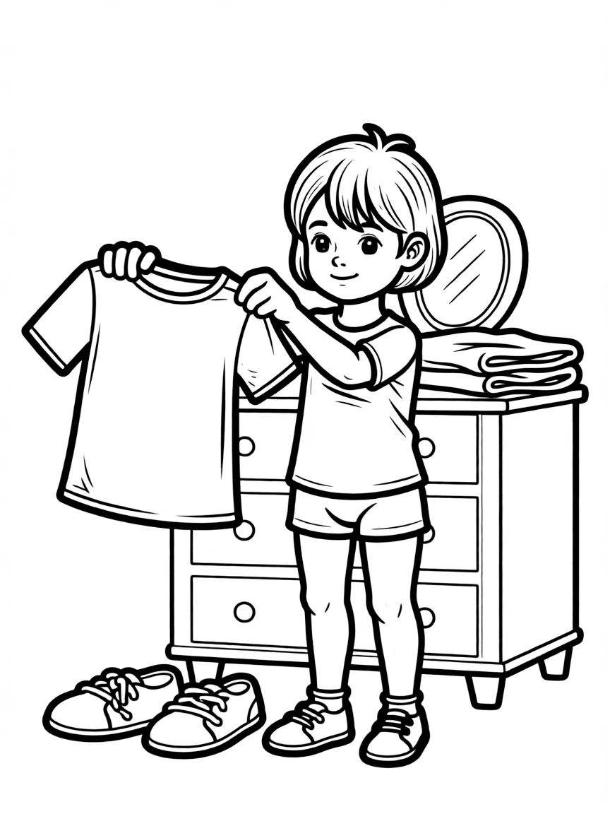 A child getting dressed in clean clothes.