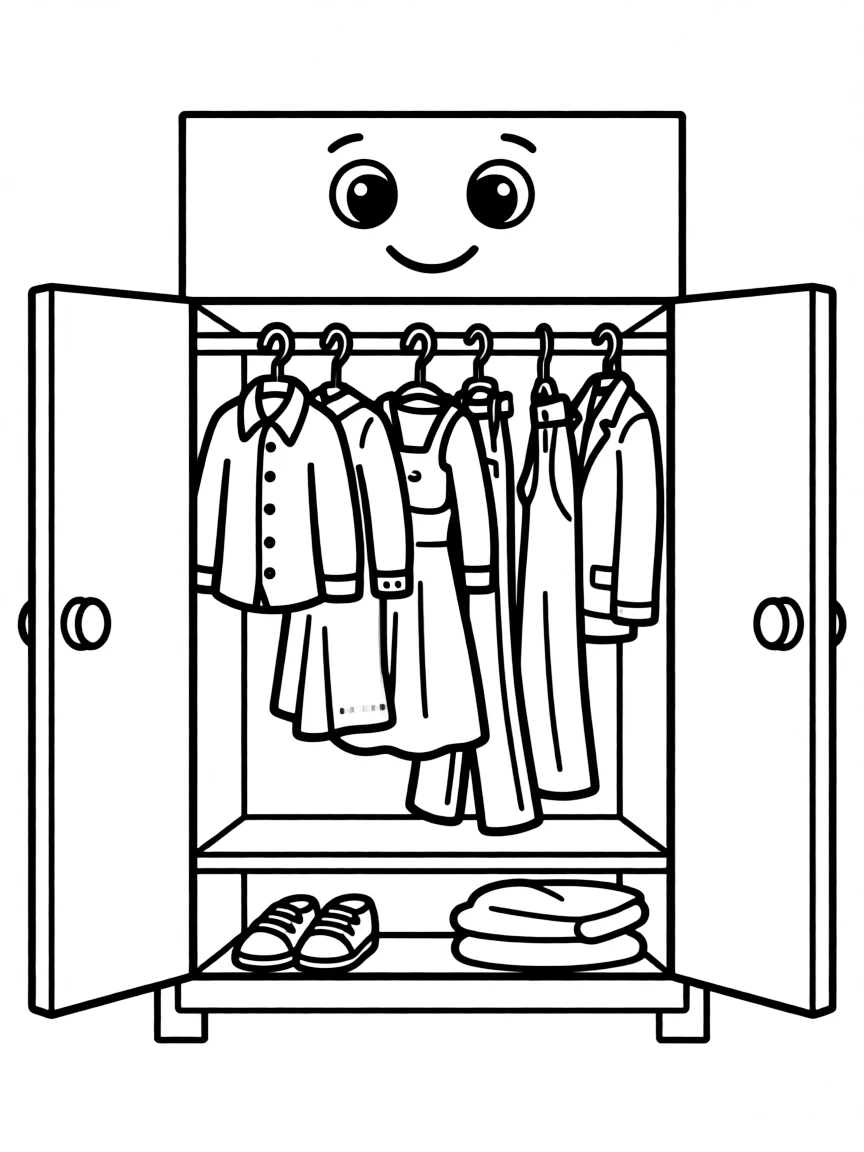 A happy closet with clothes hanging.