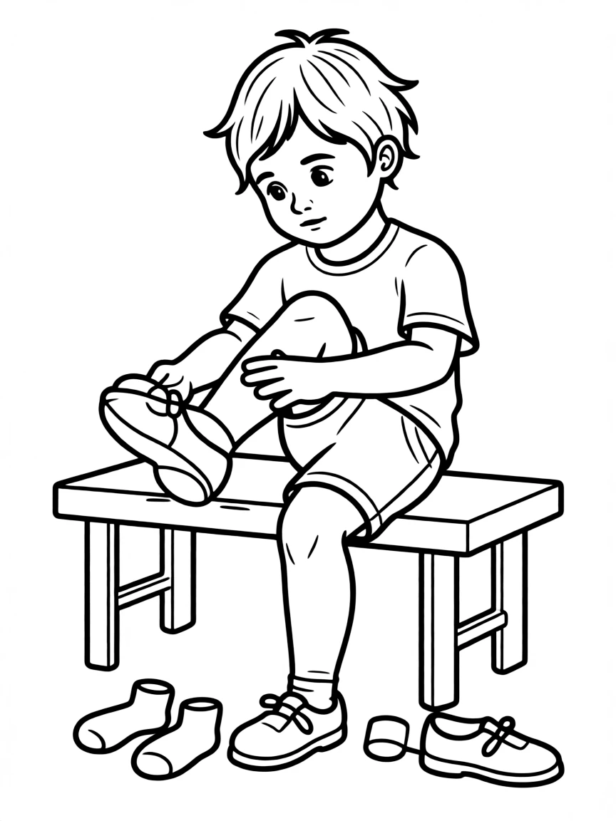 A child putting on their shoes.