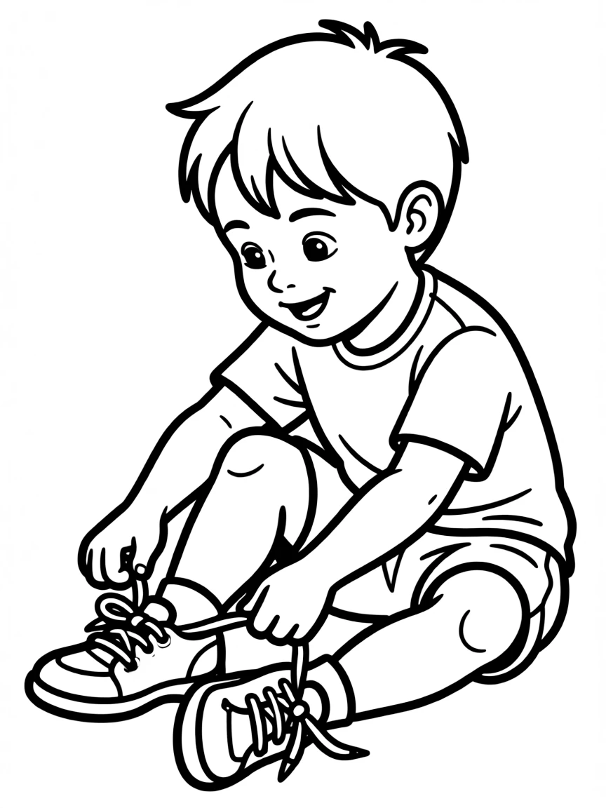 A child tying their shoelaces.