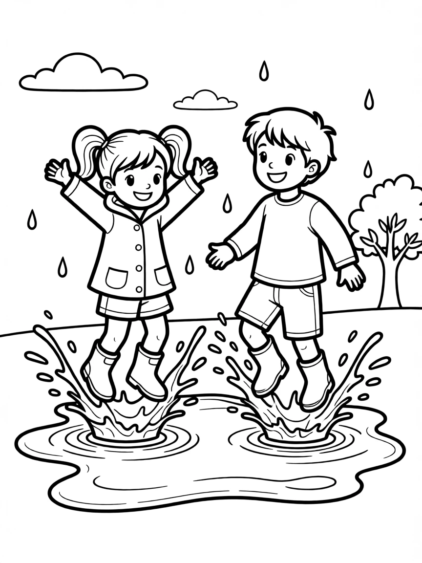 Children jumping in puddles.