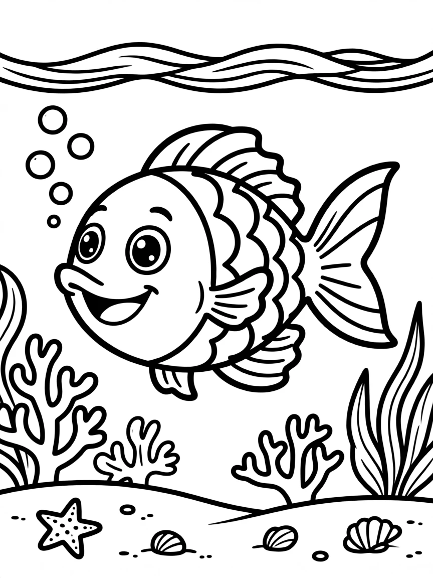 A happy fish swimming in the sea.