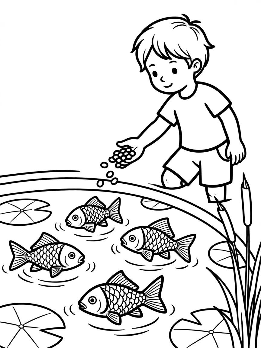 A child feeding fish.