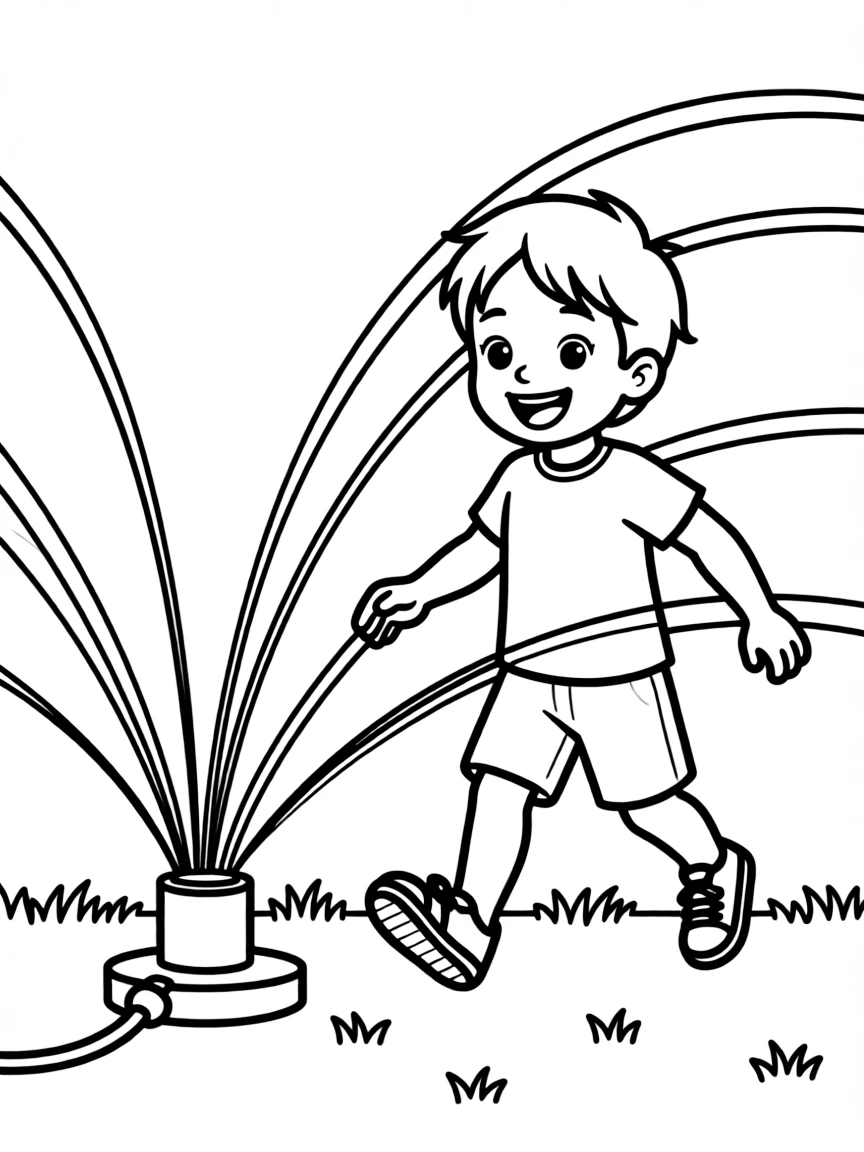 A child running through a sprinkler.