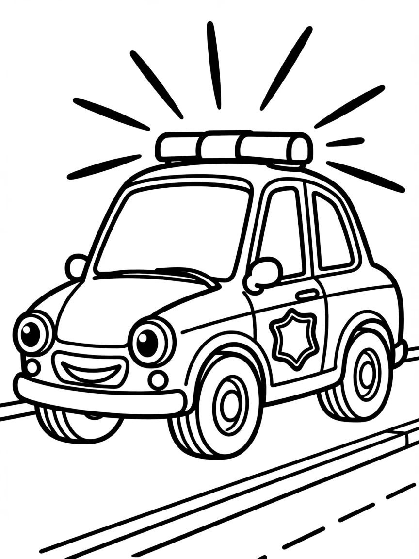 A happy police car with flashing lights.