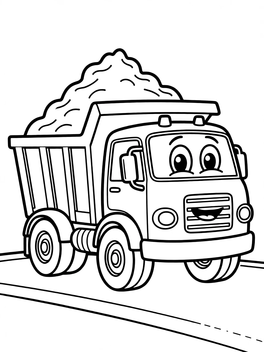 A happy dump truck carrying sand.