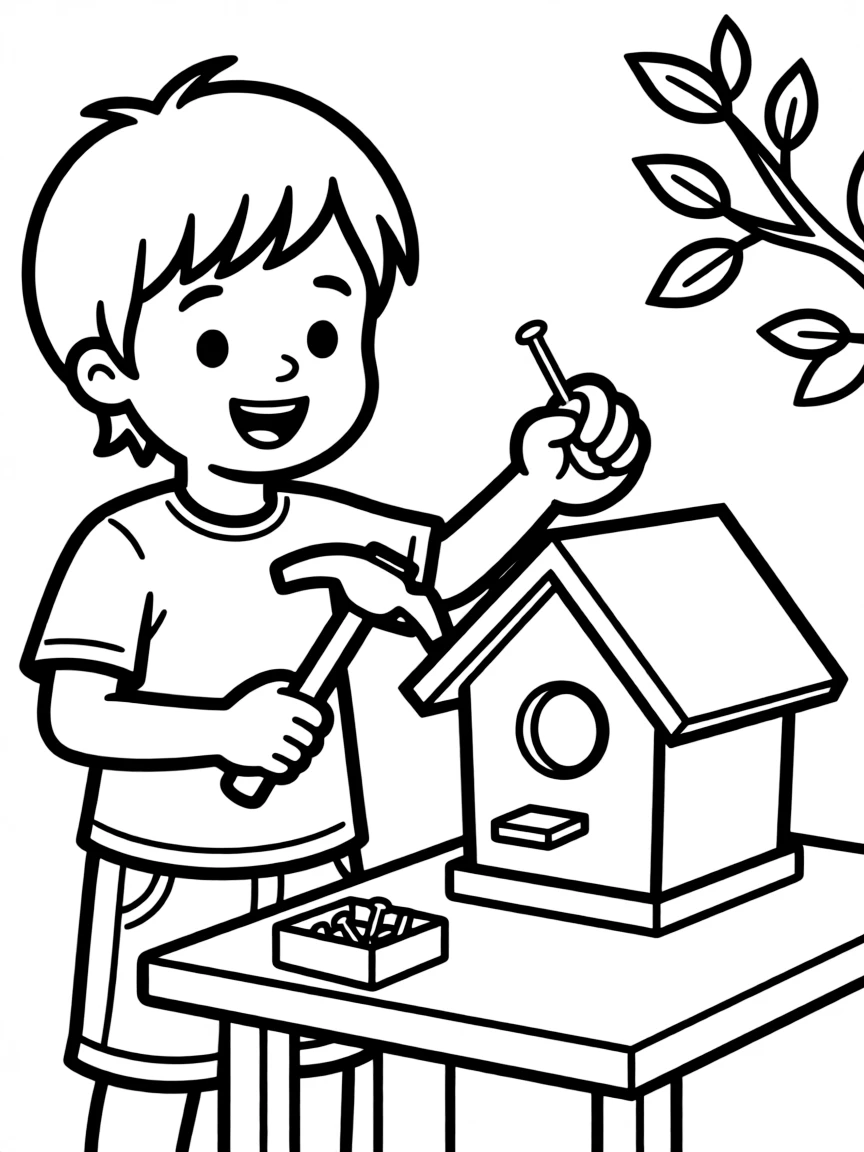 A child building a birdhouse.