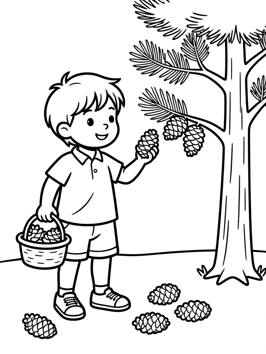 A child collecting pinecones.