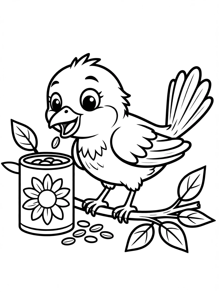 A happy bird eating seeds.