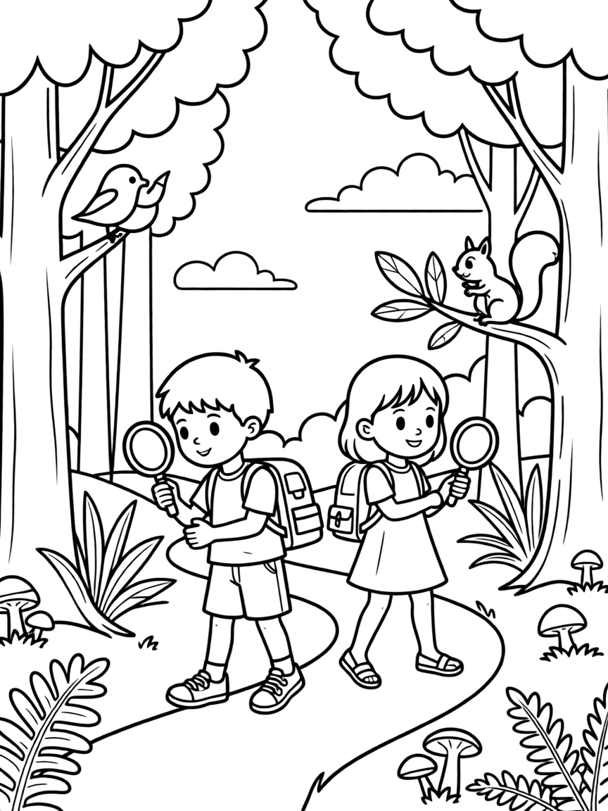 Children exploring a forest.