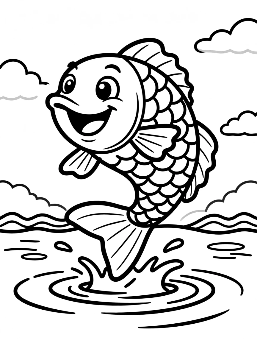 A happy fish jumping out of the water.
