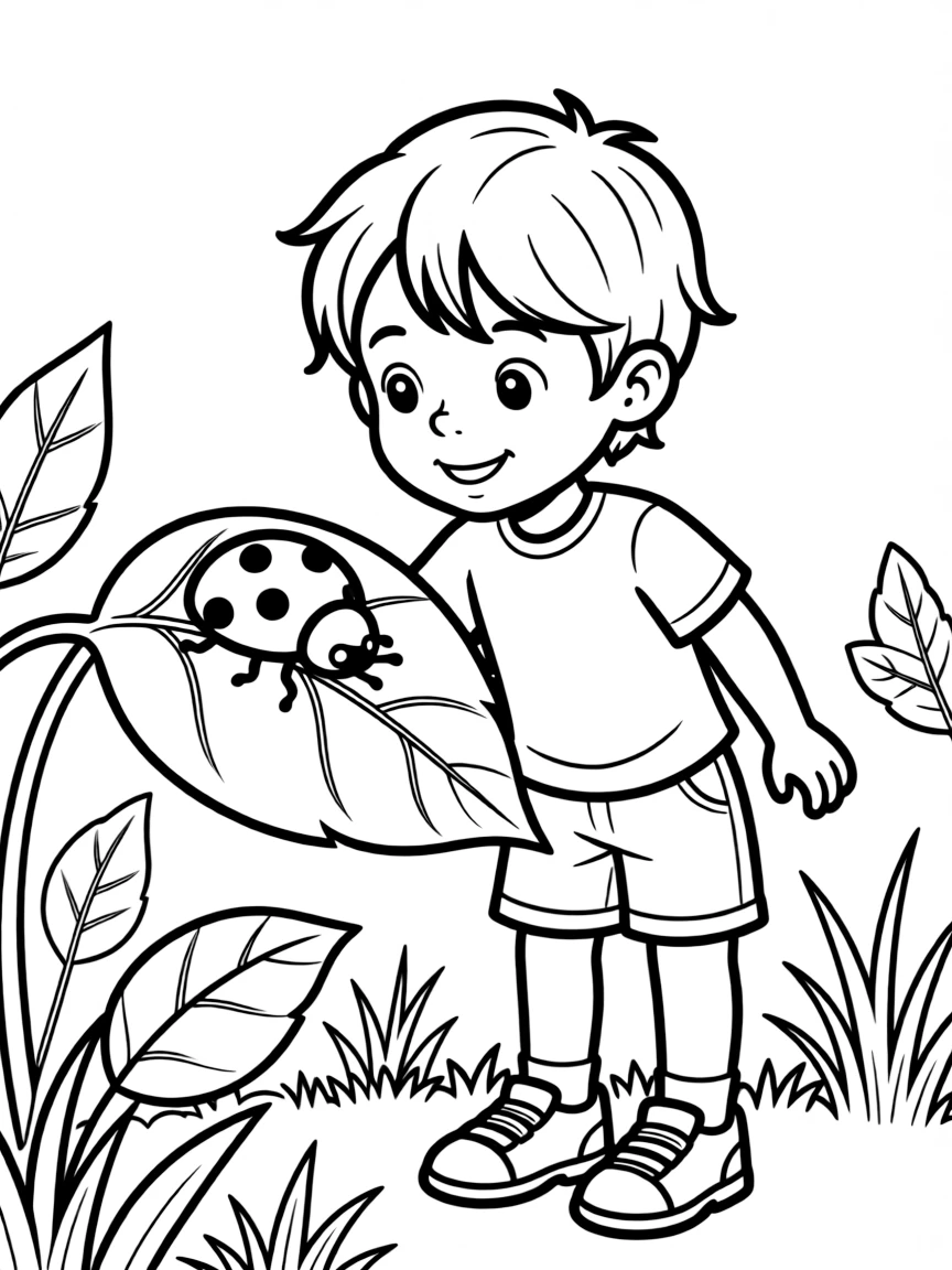 A child observing a ladybug on a leaf.