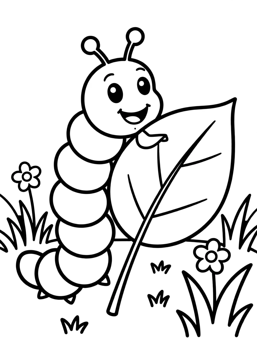 A happy caterpillar munching on a leaf.