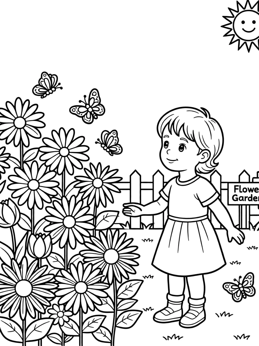 A child looking at a flower garden.