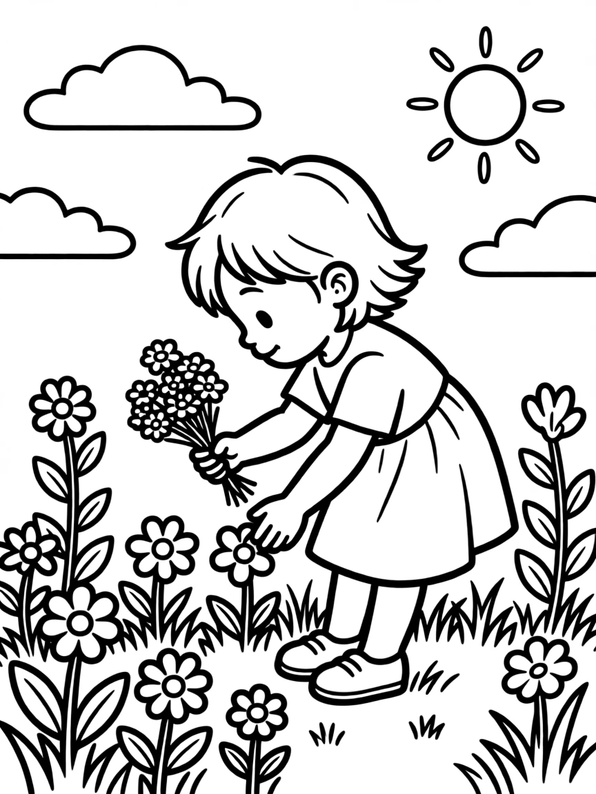 A child picking wildflowers.